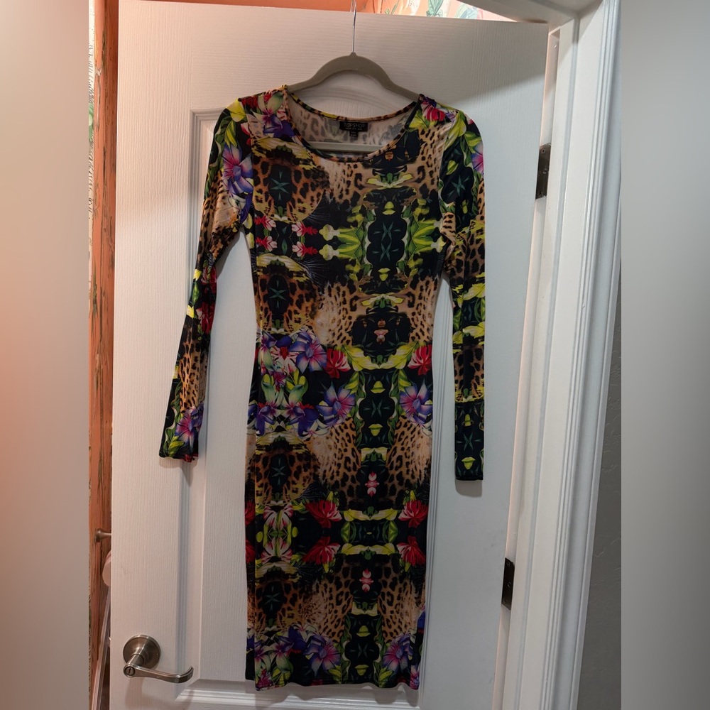 Topshop floral and Animal Print Long Sleeve Dress